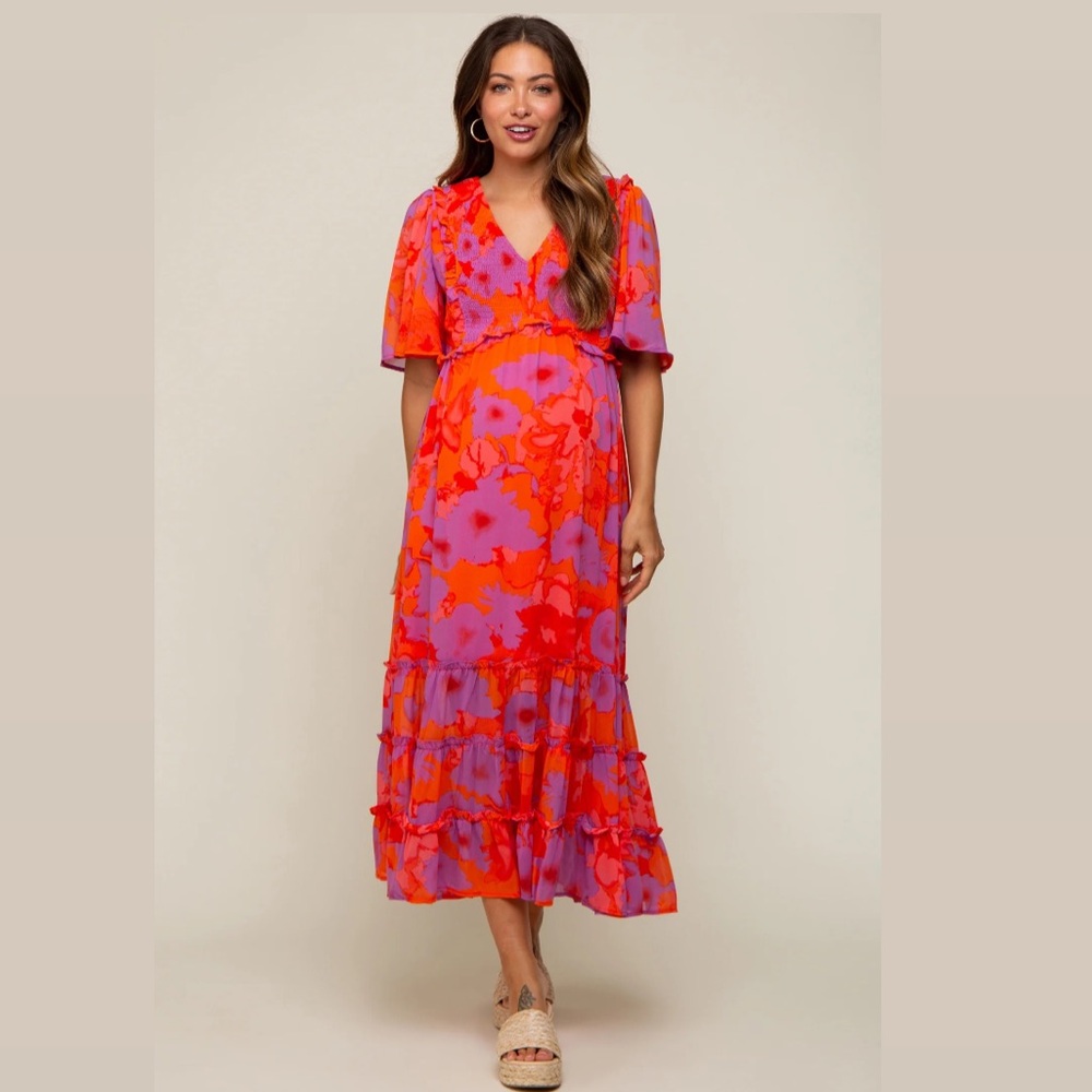 Jodifl Red and Purple Tiered Floral Maxi Dress Sz M